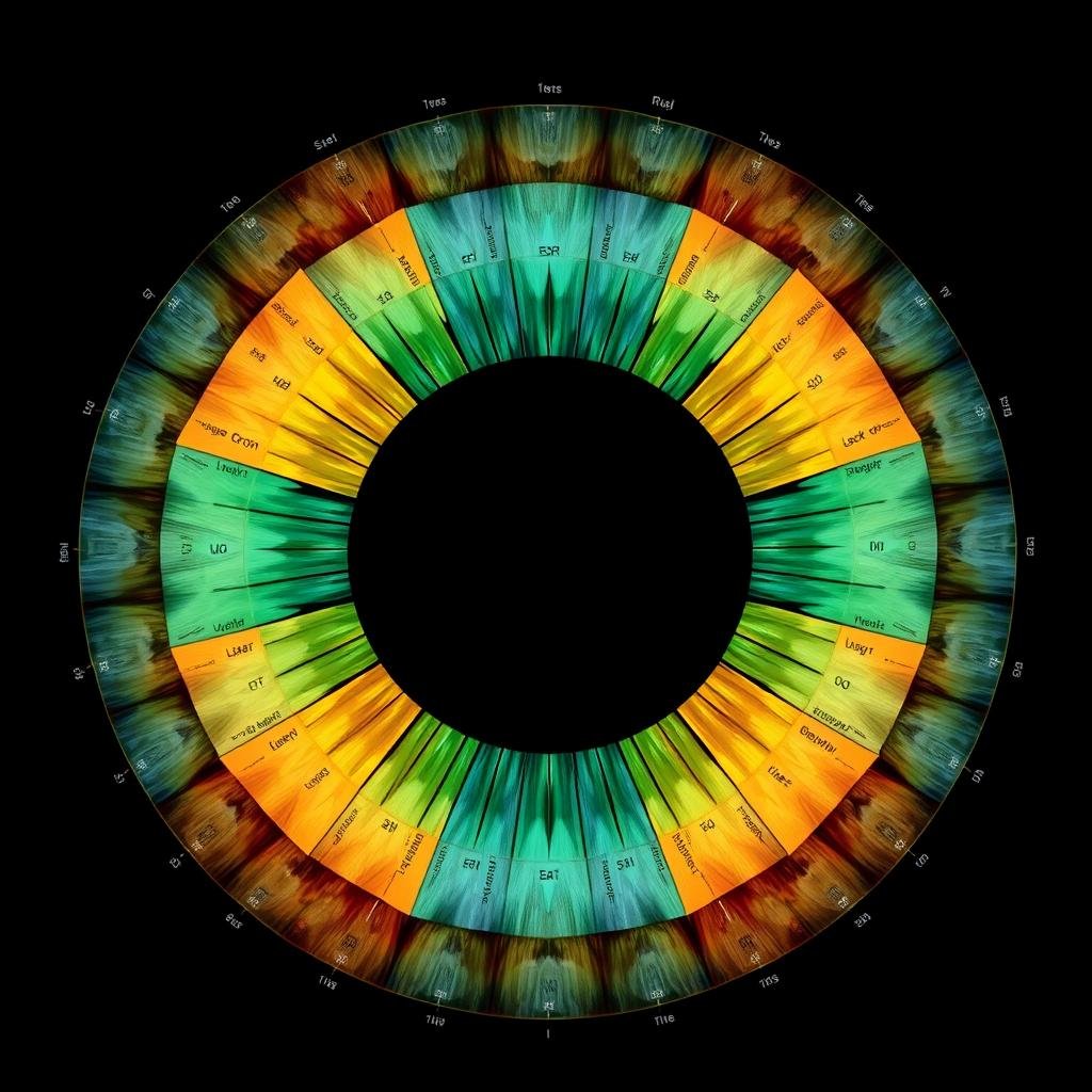 Iridology chart showing the mapping of iris zones to specific organs and body systems