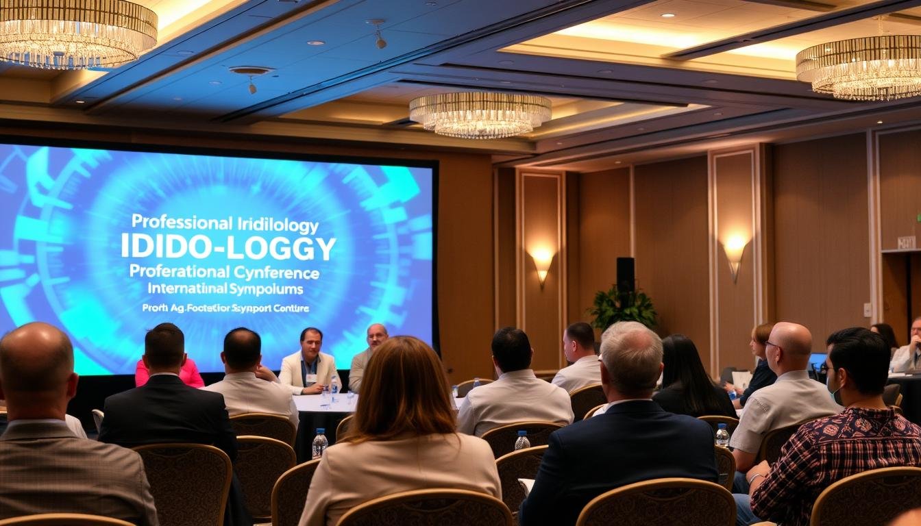Iridology experts discussing certification standards at an international conference