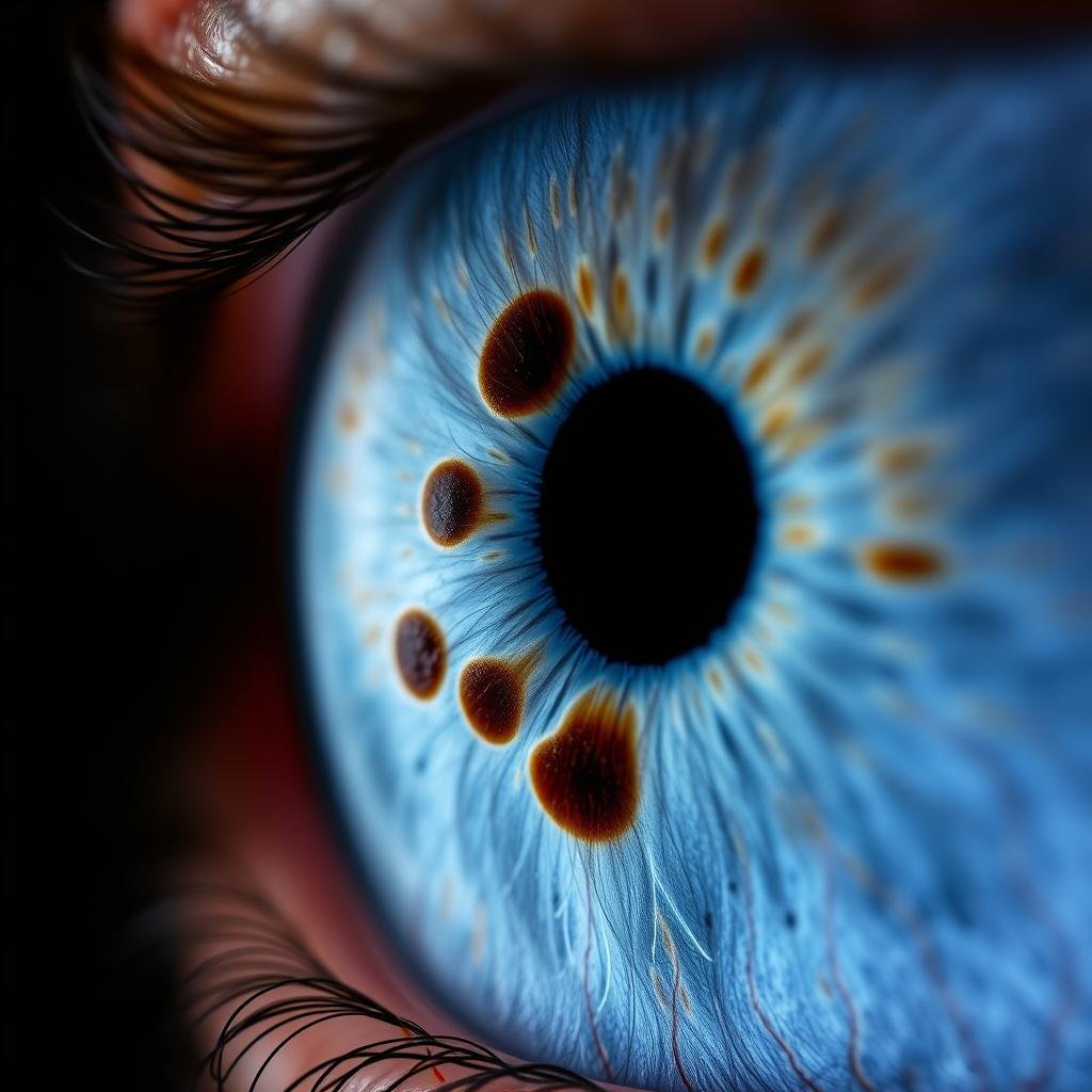 Iris with pigment spots that iridologists believe indicate toxin deposits