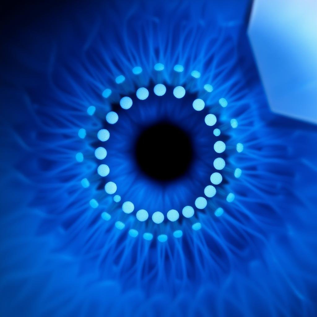 Lymphatic rosary pattern in left eye iris showing white dots in outer zone
