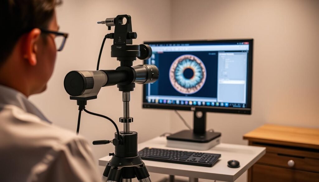 Maikong iridology camera stand connected to computer with software interface visible