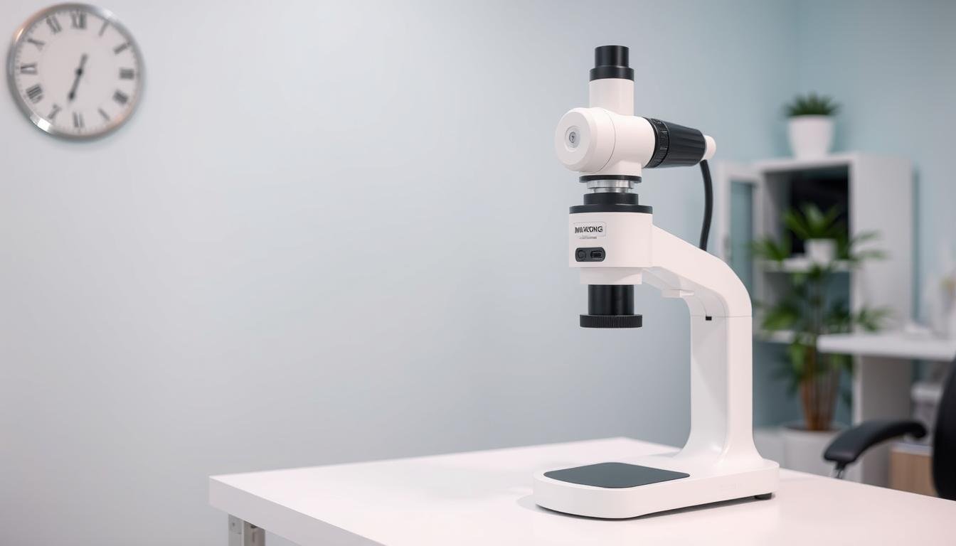 Maikong iridology camera stand with camera mounted for professional iris analysis