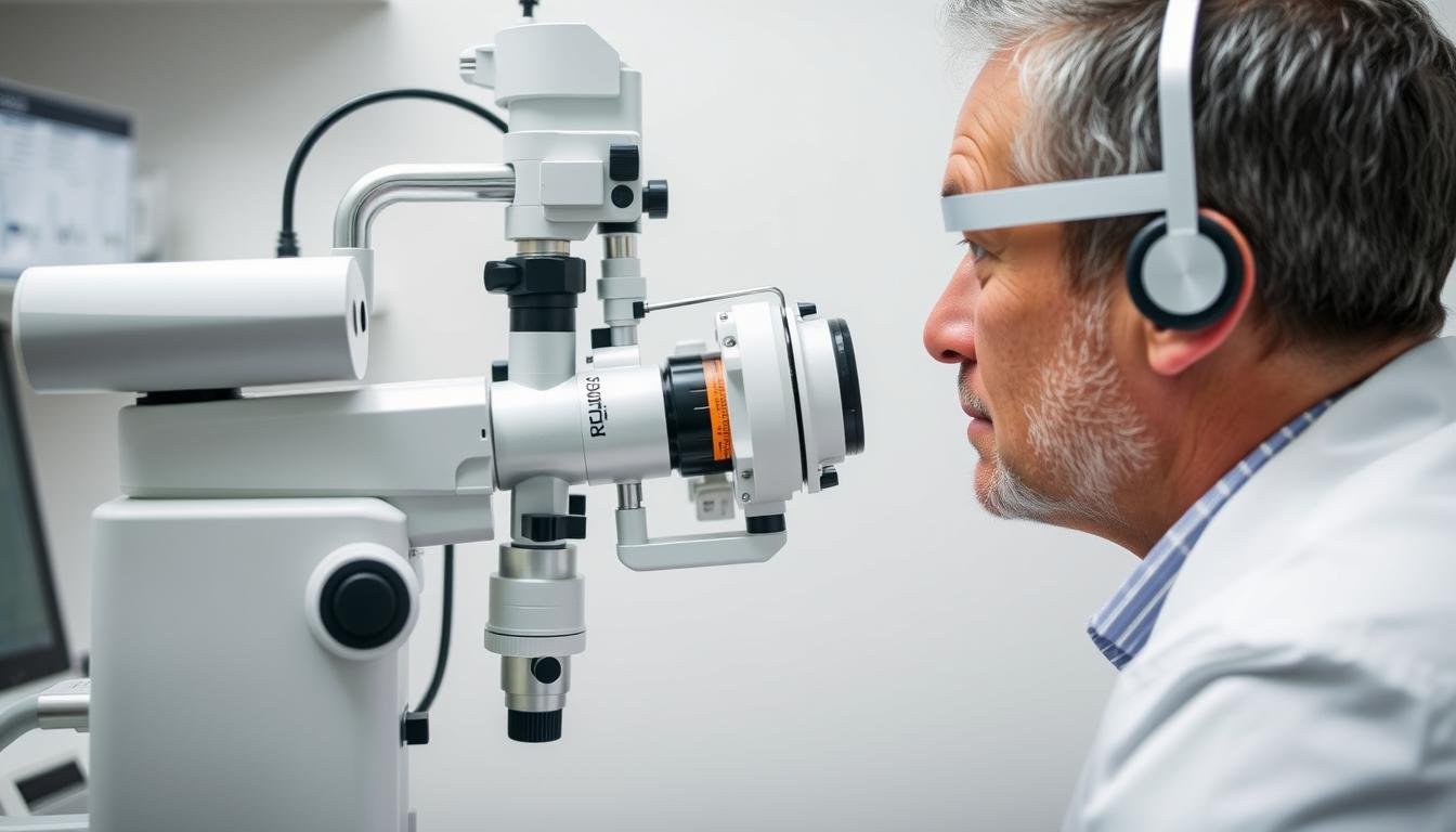 Medical professional examining an eye with modern equipment Medical professional examining an eye with modern equipment