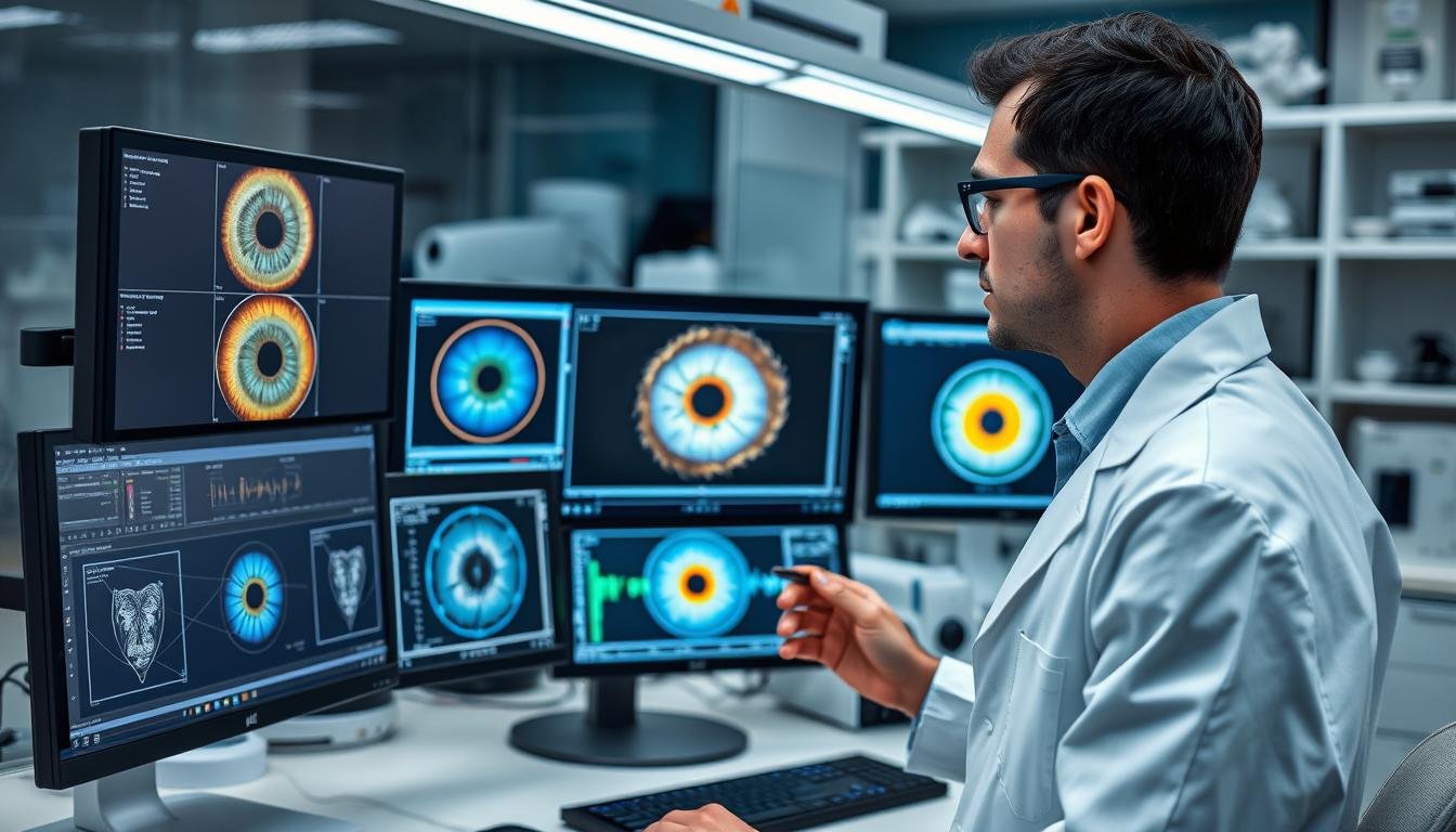 Medical researcher examining iridology claims in a laboratory setting