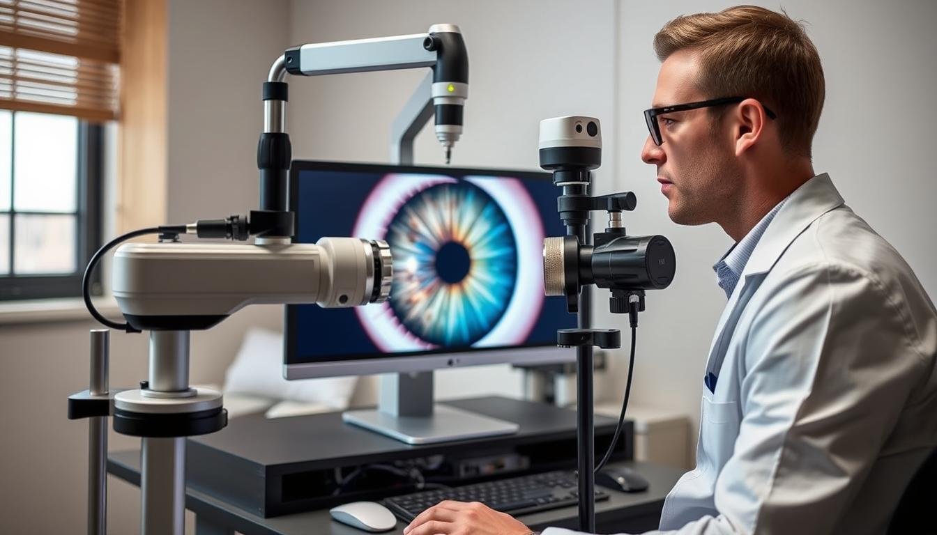Modern iridologist using digital equipment for iris analysis