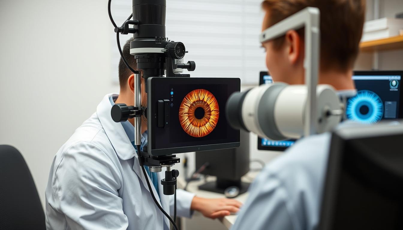 Modern iridologist using digital technology for iris analysis
