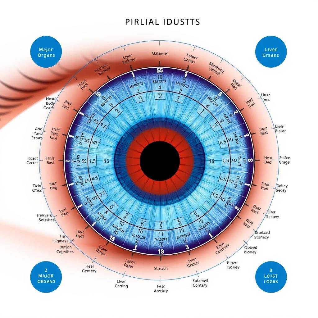 Modern iridology map showing different zones of the iris and their corresponding body systems - detailed iridology examples