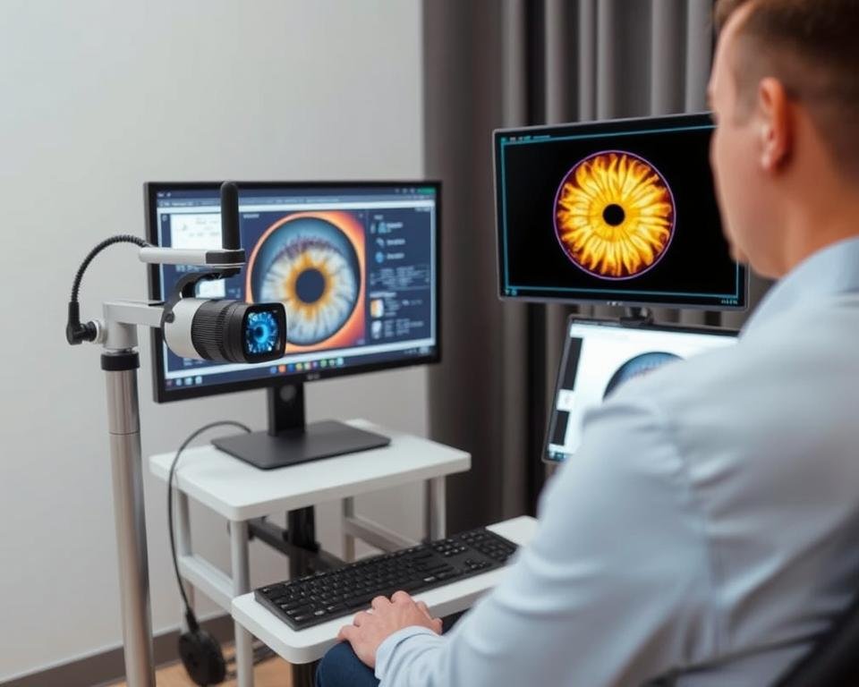 Modern iridology session using digital technology to capture and analyze iris patterns according to iridology meaning principles