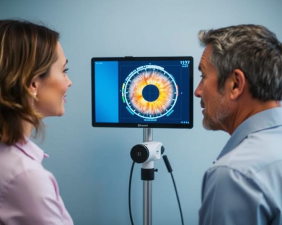 Patient viewing their iris analysis on a digital display