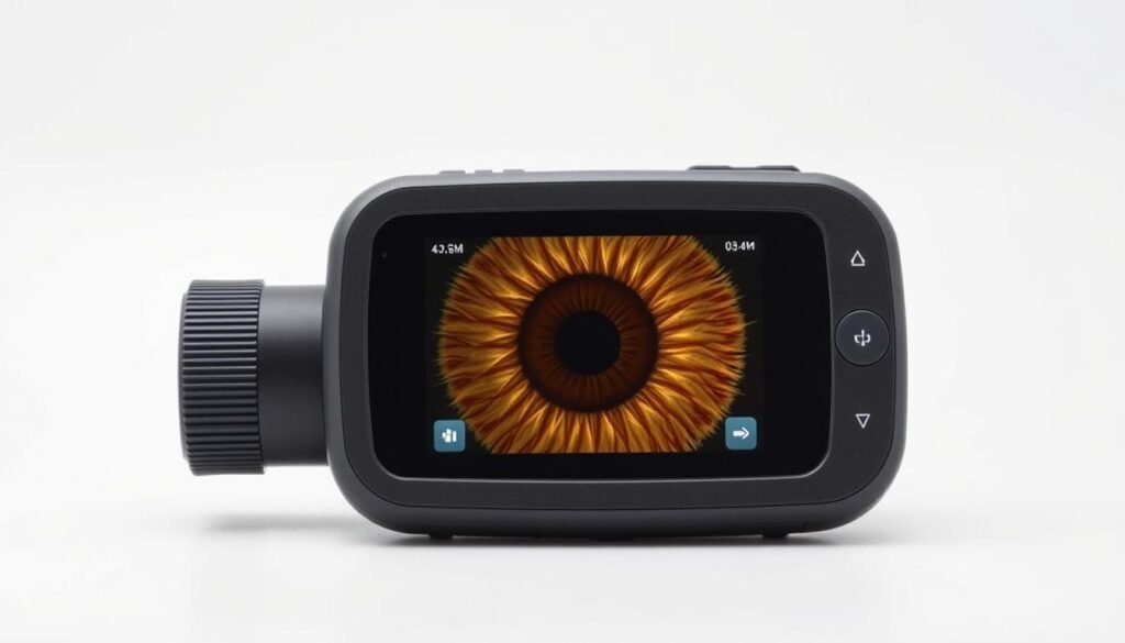 Pebble 8.2 Iridology Camera full device view showing the handheld unit with display screen