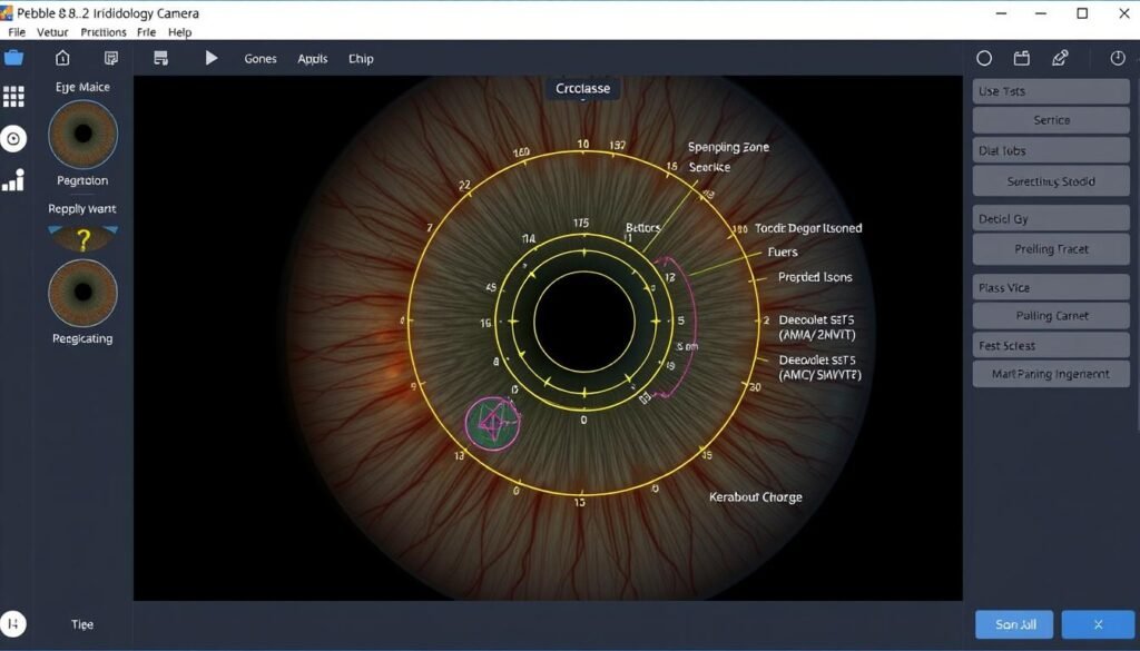 Pebble 8.2 Iridology Camera software interface showing iris analysis