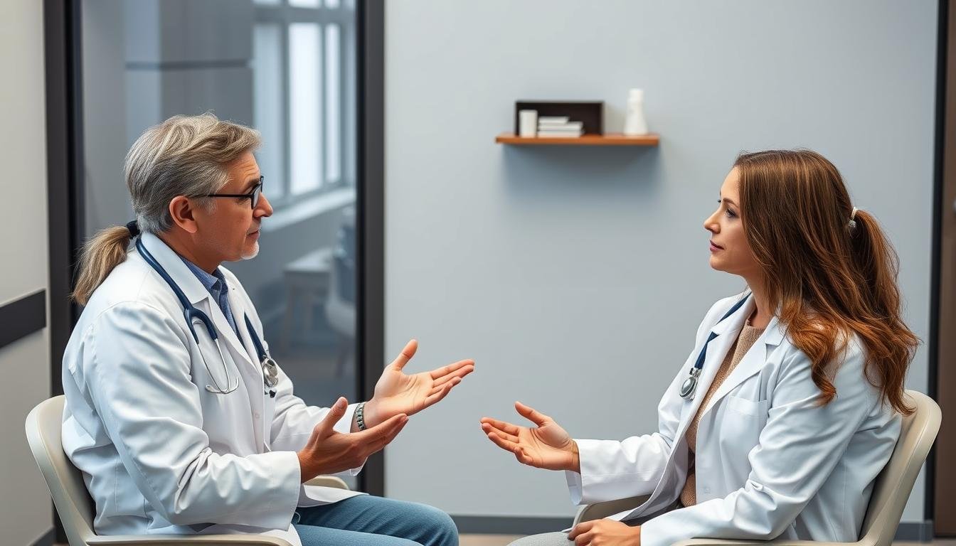 Person consulting with both an iridologist and a medical doctor for balanced health care