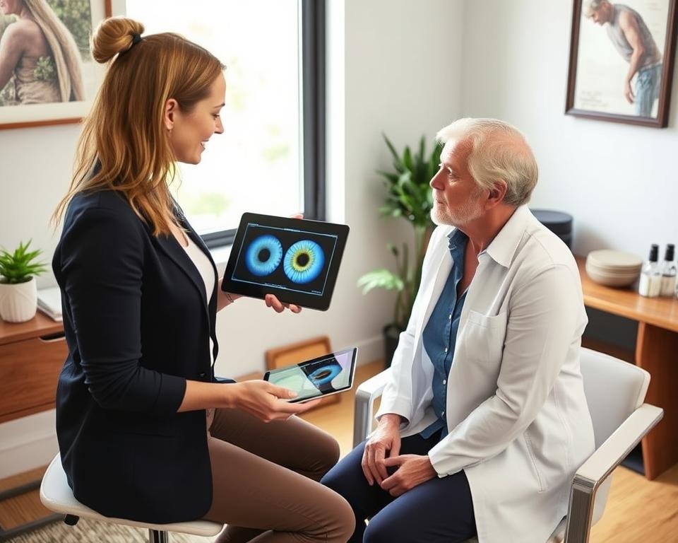 Person discussing iridology findings with a healthcare practitioner