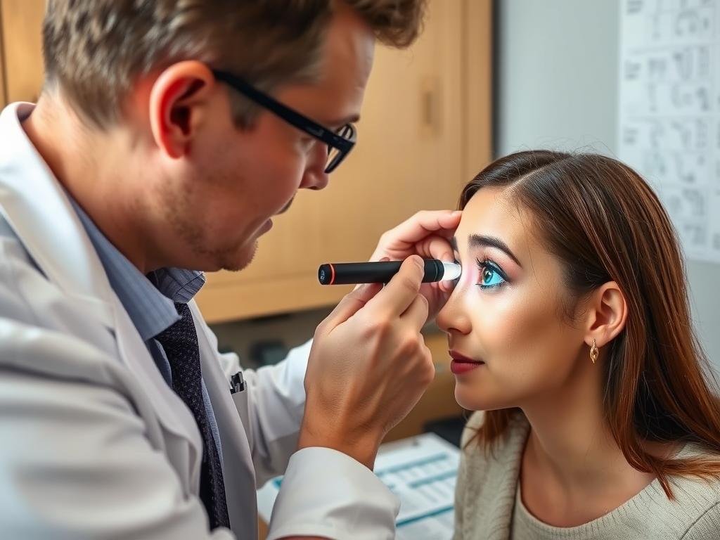 Person examining an iris with a magnifying tool while referencing an iridology chart right eye diagram
