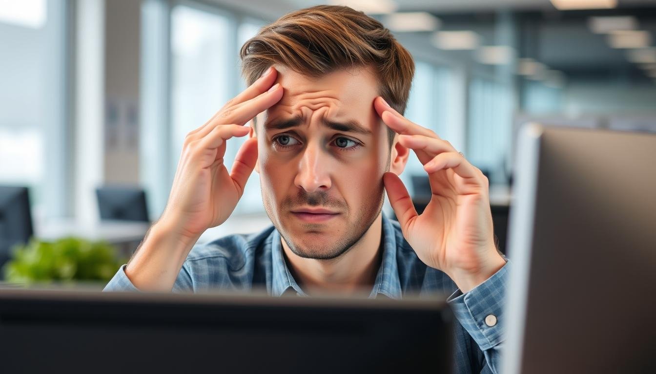 Person experiencing digital eye strain while working on computer