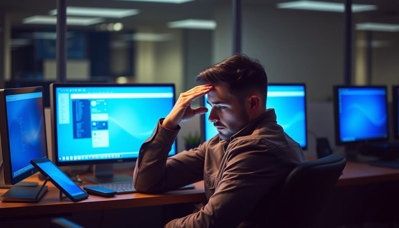 Person experiencing digital eye strain while working on multiple screens