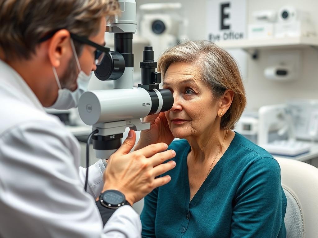 Person having a comprehensive eye examination with an optometrist for eye reading for health