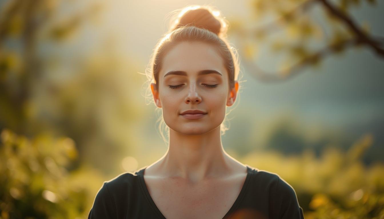 Person practicing meditation to reduce stress that causes eye stress rings