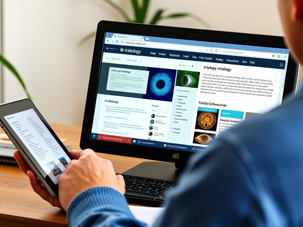 Person researching iridology online, comparing different practitioner websites and credentials