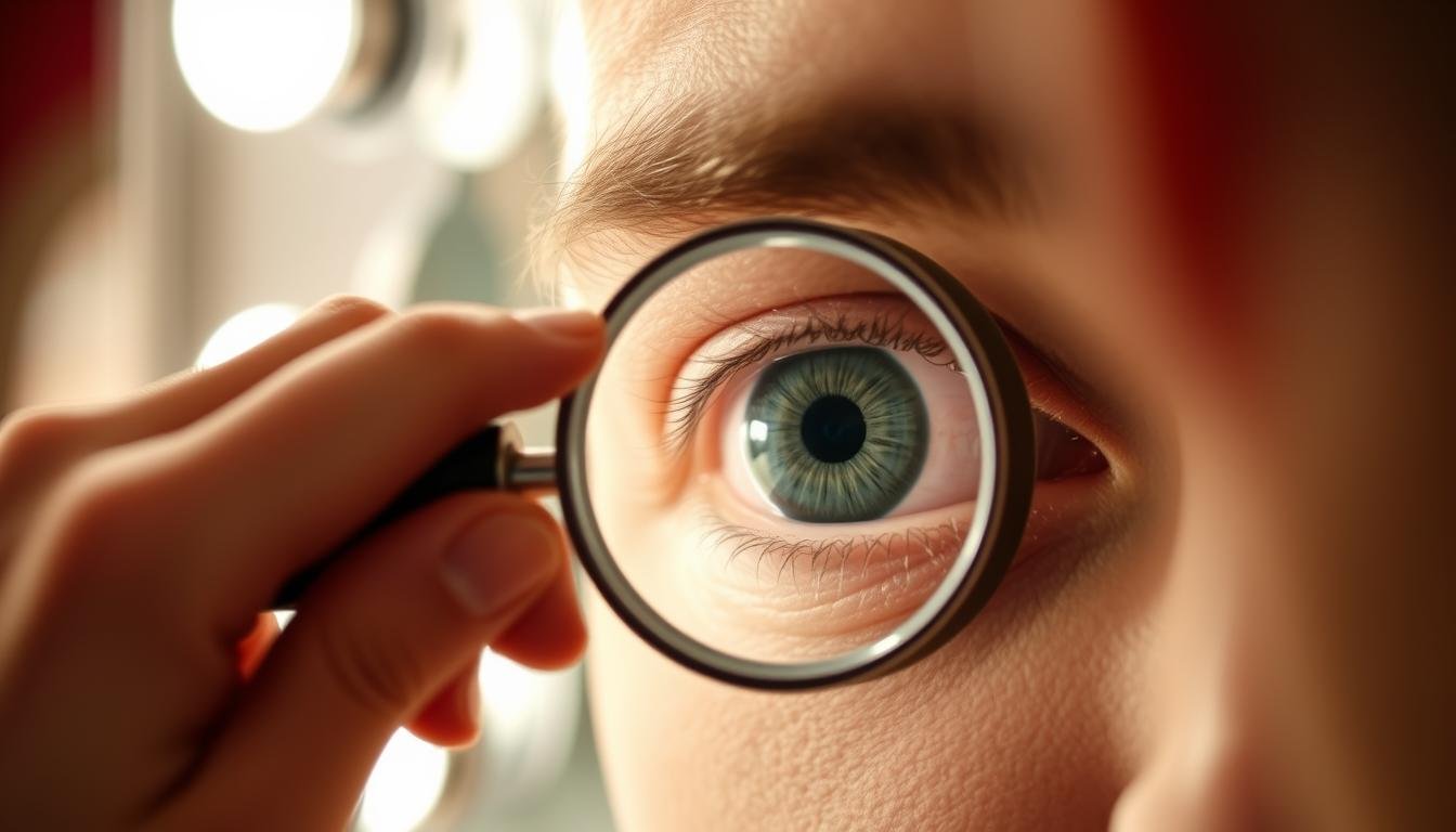 Person using a magnifying glass to examine their iris in a mirror Person using a magnifying glass to examine their iris in a mirror