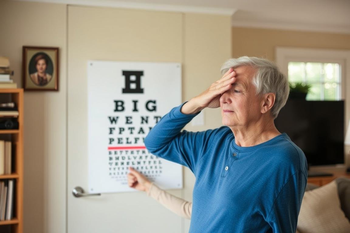 Person using an at-home vision chart to monitor basic eye health between professional exams