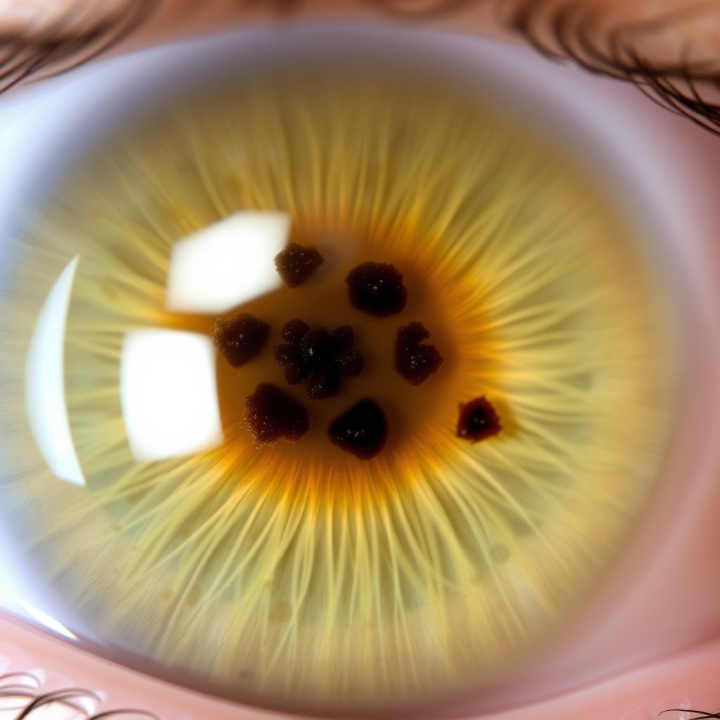 Pigment spots in left eye iris showing dark accumulations in specific zones