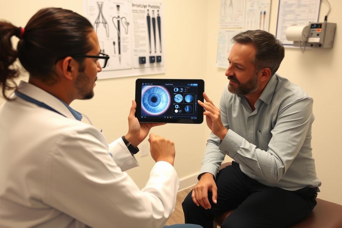 Practitioner explaining Iriscopio results to a patient