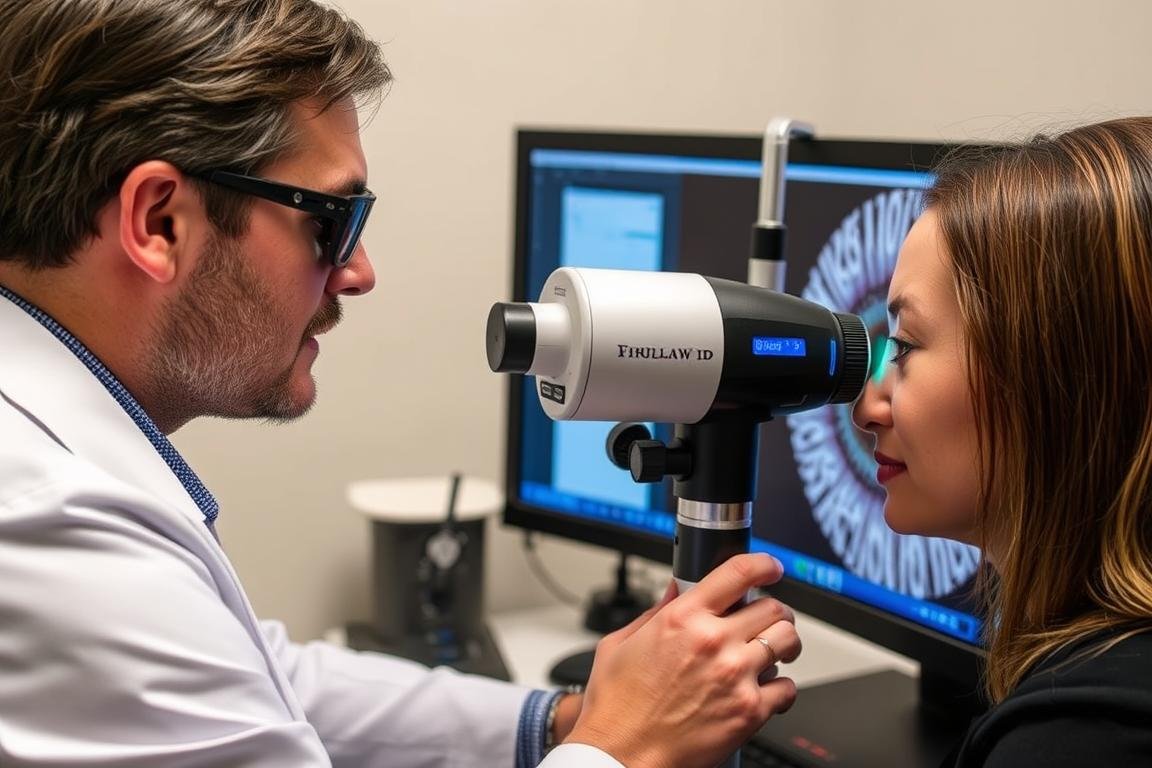 Practitioner using digital iridology camera to analyze right eye