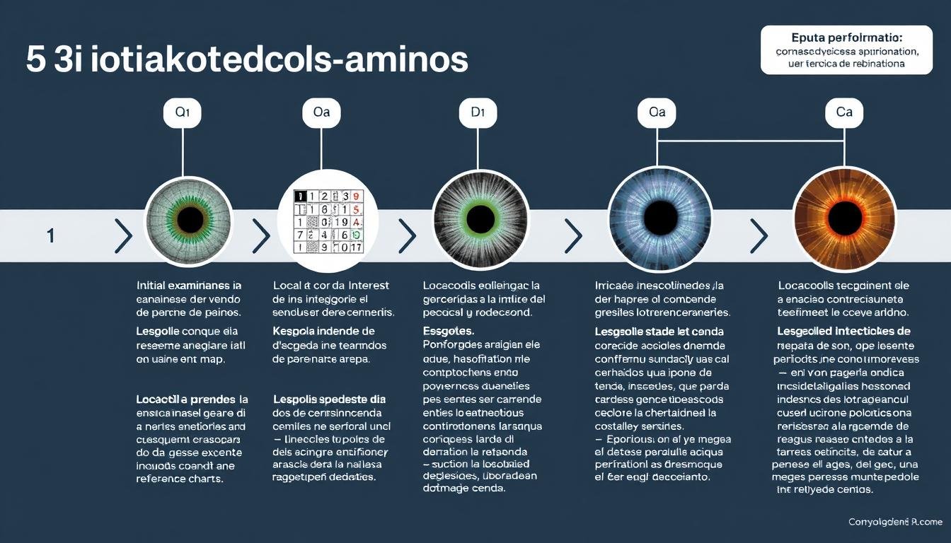 Proceso paso a paso del análisis iridológico mostrando diferentes etapas