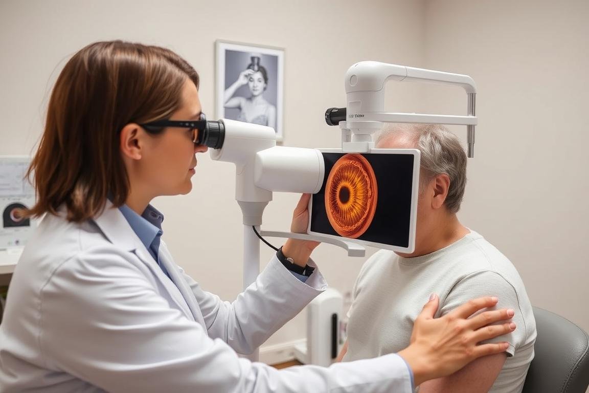 Professional iridologist examining a patient's iris with specialized equipment