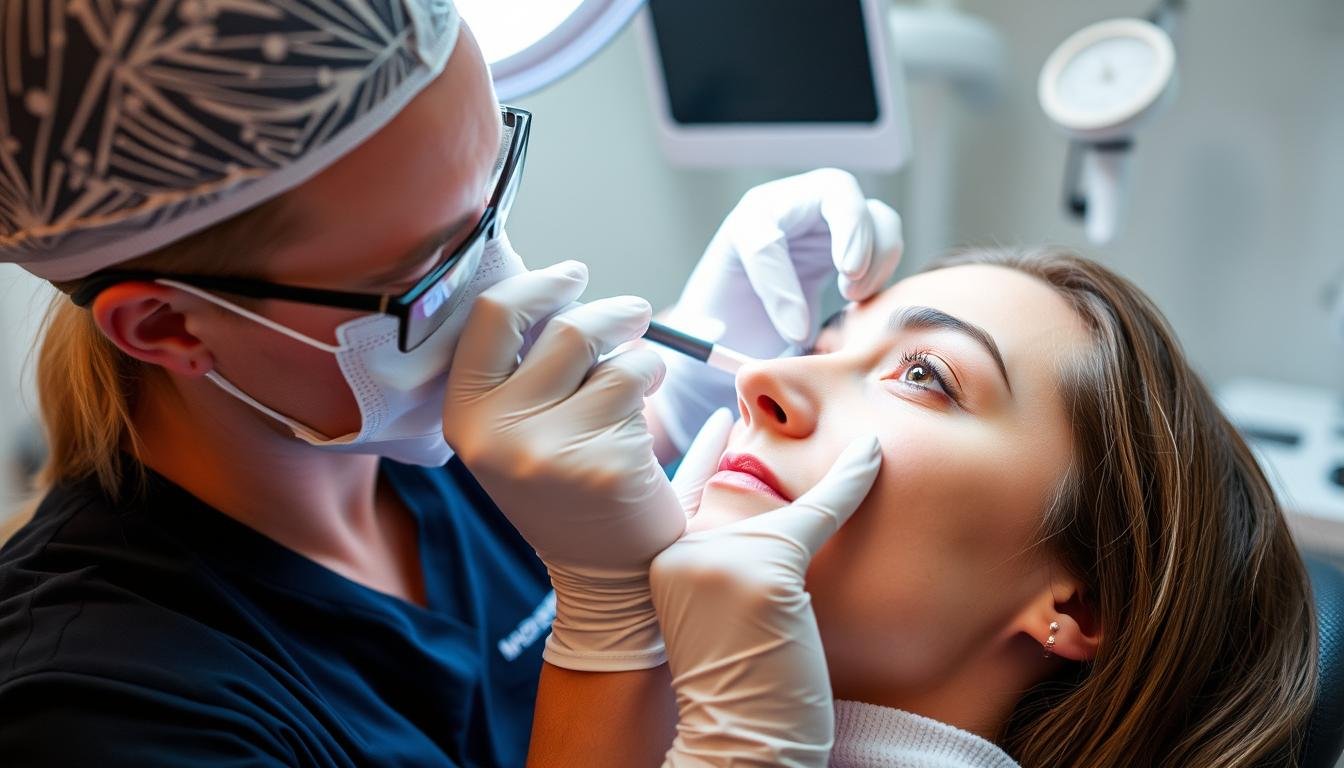 Professional treatment for eye stress rings being performed