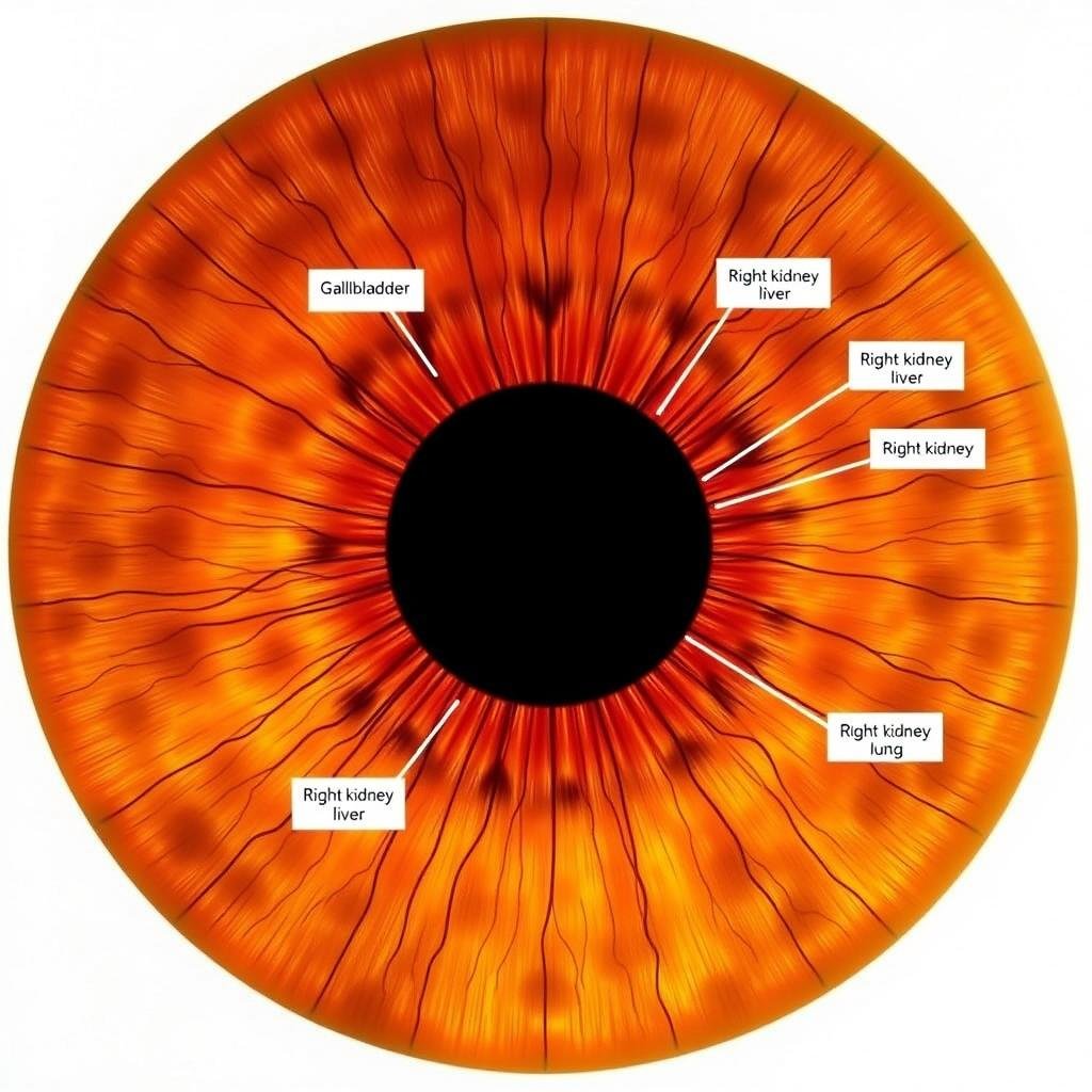 Right iris iridology chart showing organ mappings Right iris iridology chart showing organ mappings