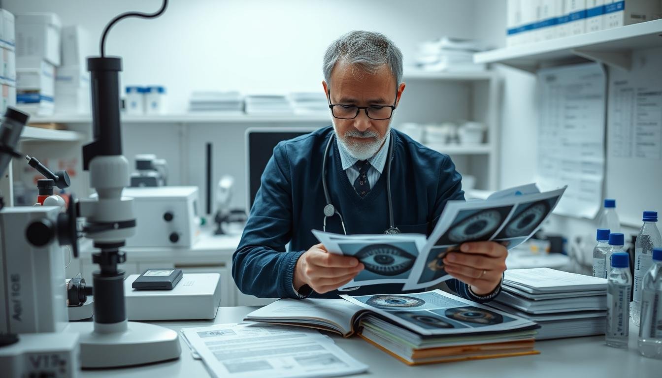 Scientific researcher examining evidence related to iridology iris diagnosis claims