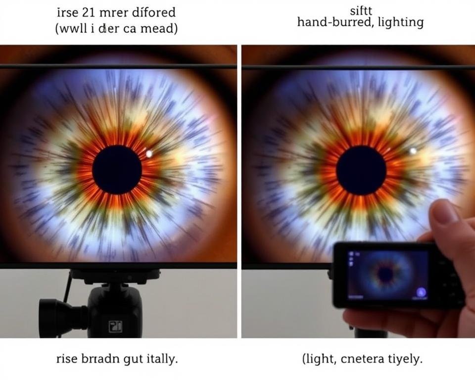 Side-by-side comparison of iris images taken with stand-mounted vs handheld camera