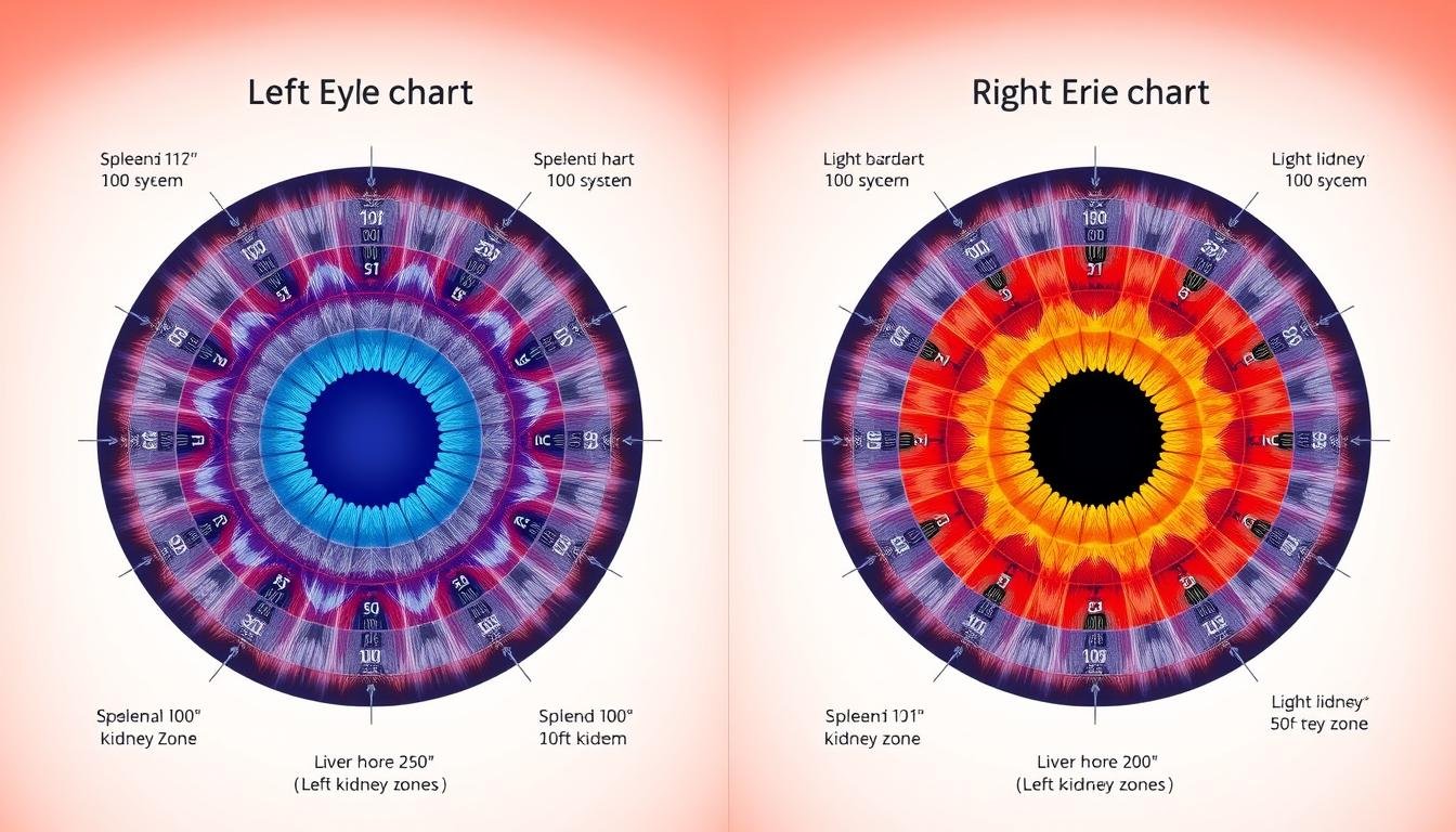 Side-by-side comparison of left and right eye iridology charts showing different organ mappings