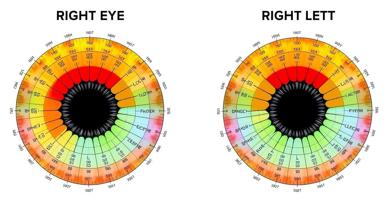 Side-by-side comparison of right and left eye iridology charts showing the different organ mappings