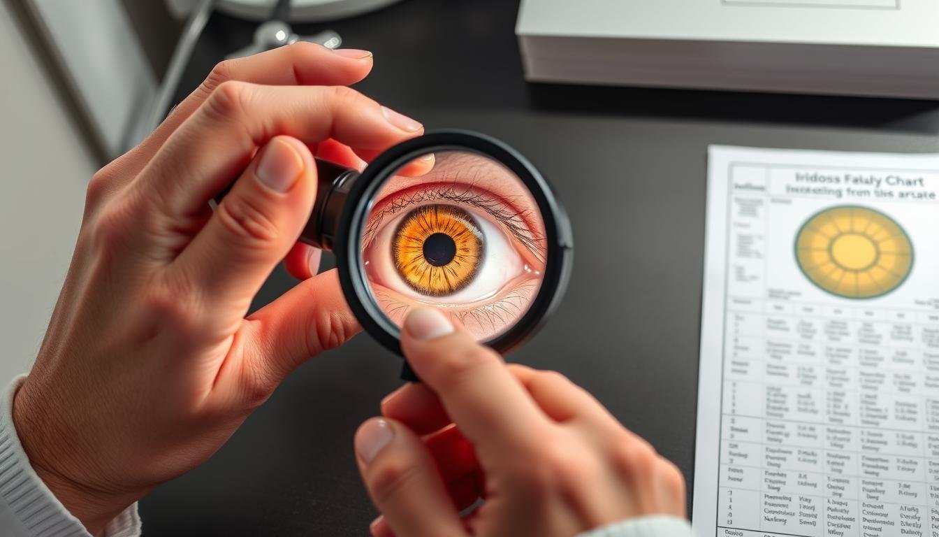 Step-by-step demonstration of reading a left eye iridology chart with hands holding tools