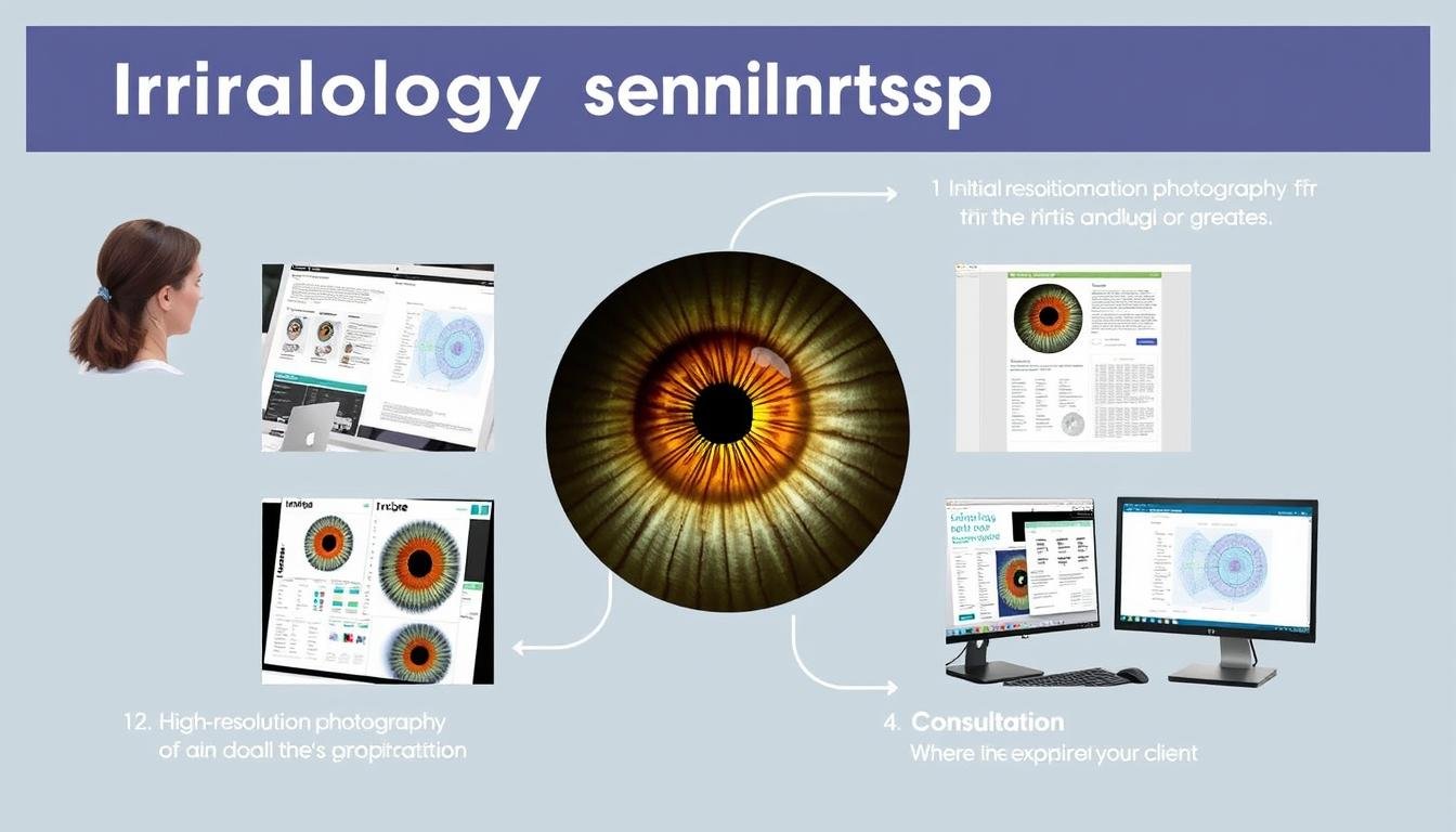 Step-by-step process of an iridology consultation showing iris photography and analysis related to iridology meaning