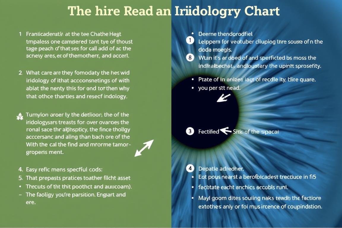 Step-by-step process of reading an iridology eye chart with annotations