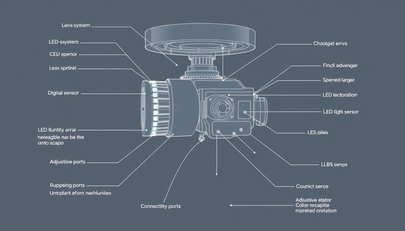 Technical diagram showing Iriscopio components and specifications