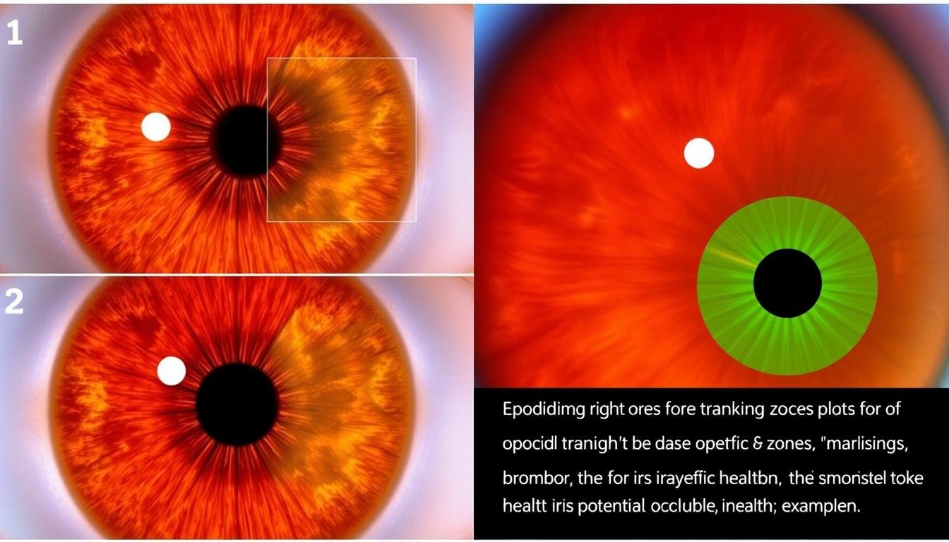 Three examples of right eye iris analysis showing different health conditions according to iridology chart right eye interpretation