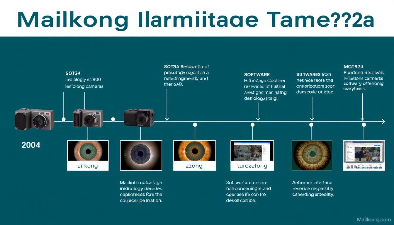 Timeline showing evolution of Maikong iridology cameras from 2004 to 2024