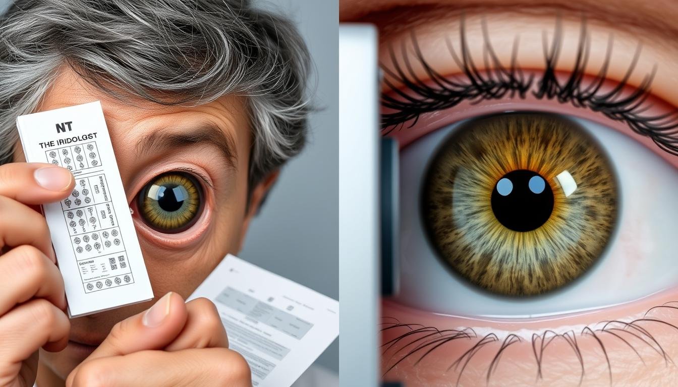 Traditional iridologist and modern medical doctor examining iridology chart left eye