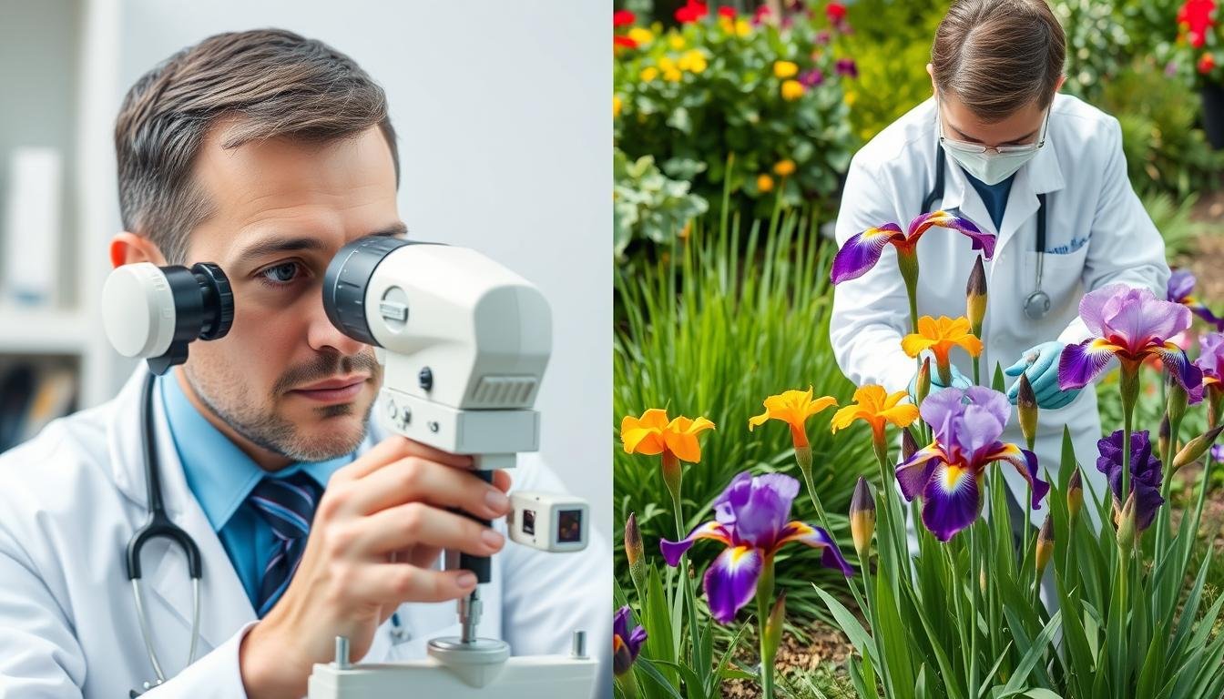A collage showing both medical and botanical iris care specialists at work A collage showing both medical and botanical iris care specialists at work