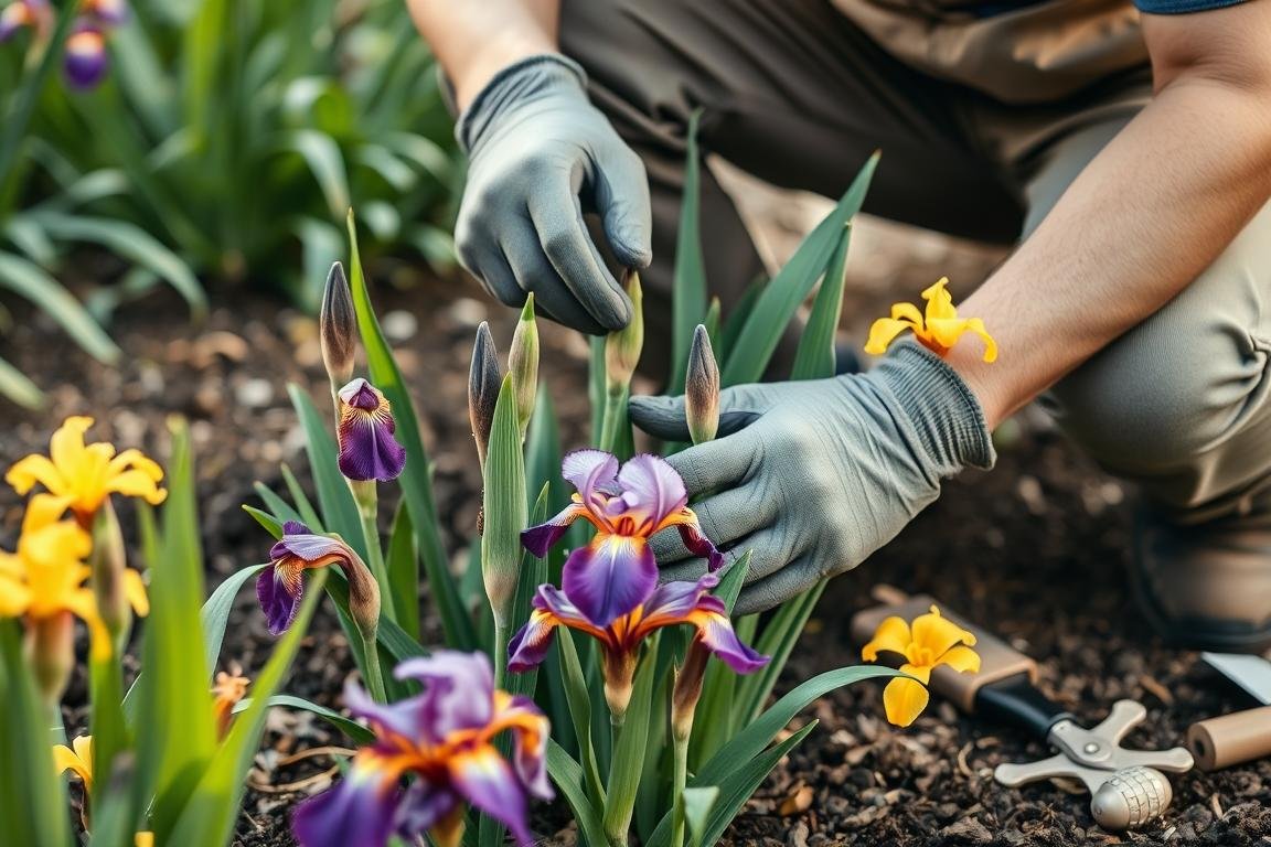 A gardening specialist examining iris plants for signs of disease A gardening specialist examining iris plants for signs of disease