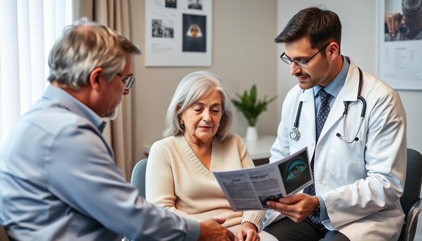 A patient discussing iridology findings with both an iridologist and a medical doctor