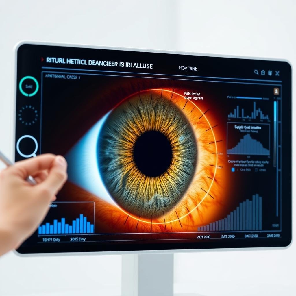 AI-powered iris analysis showing potential health markers in iris patterns