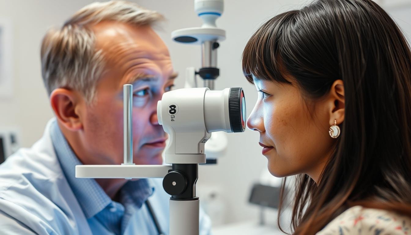 An eye doctor examining a patient with white irises using specialized equipment