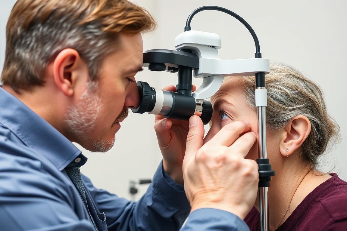 Un iridologue examinant l'iris d'un patient avec un équipement spécialisé An iridologist examining a patient's iris with specialized equipment
