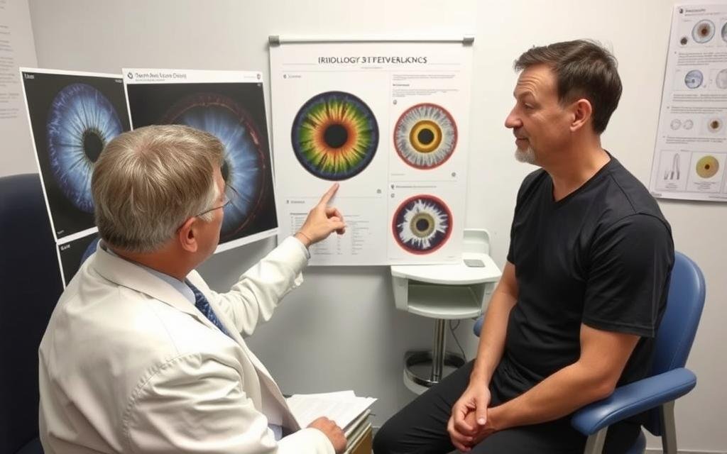 An iridologist explaining findings to a patient using iris photographs and charts
